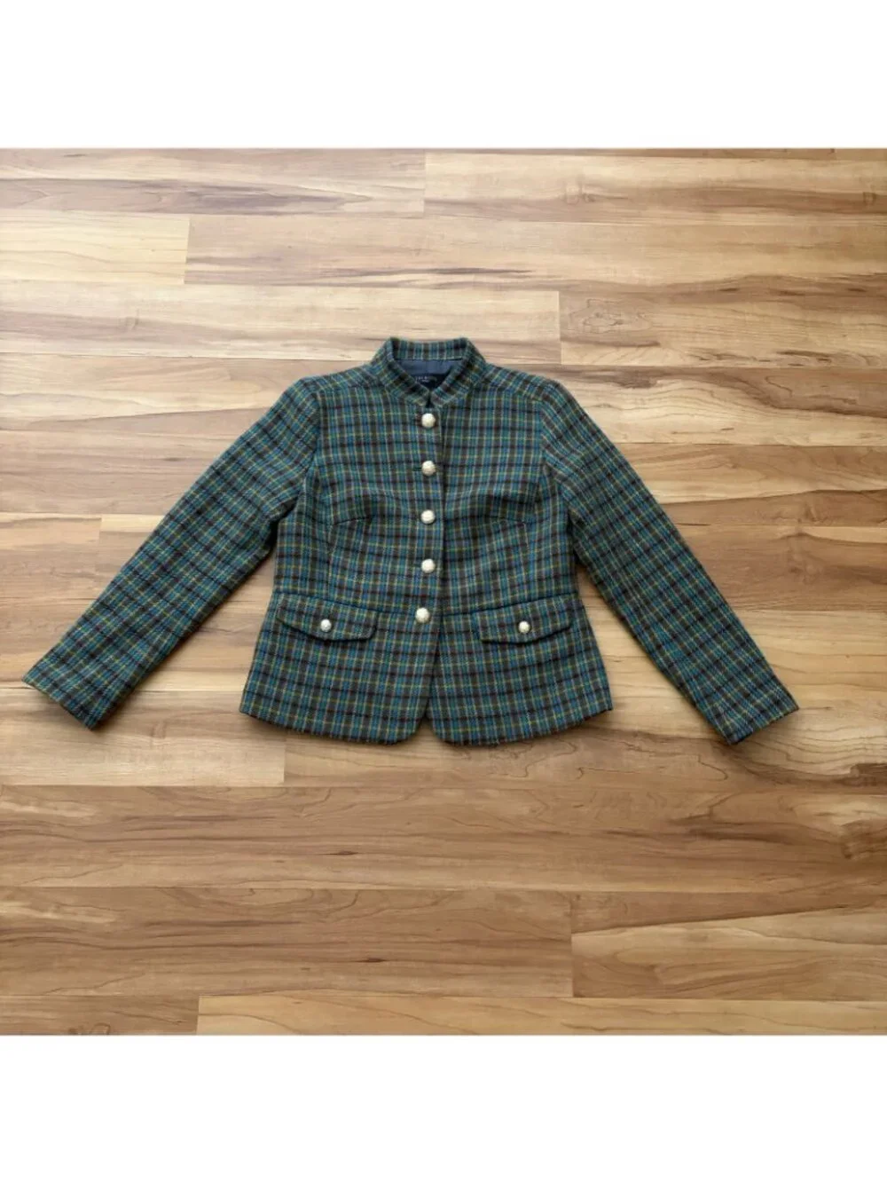 Talbots Shetland Officer Jacket 6P Green Plaid Wool Blend Gold Buttons